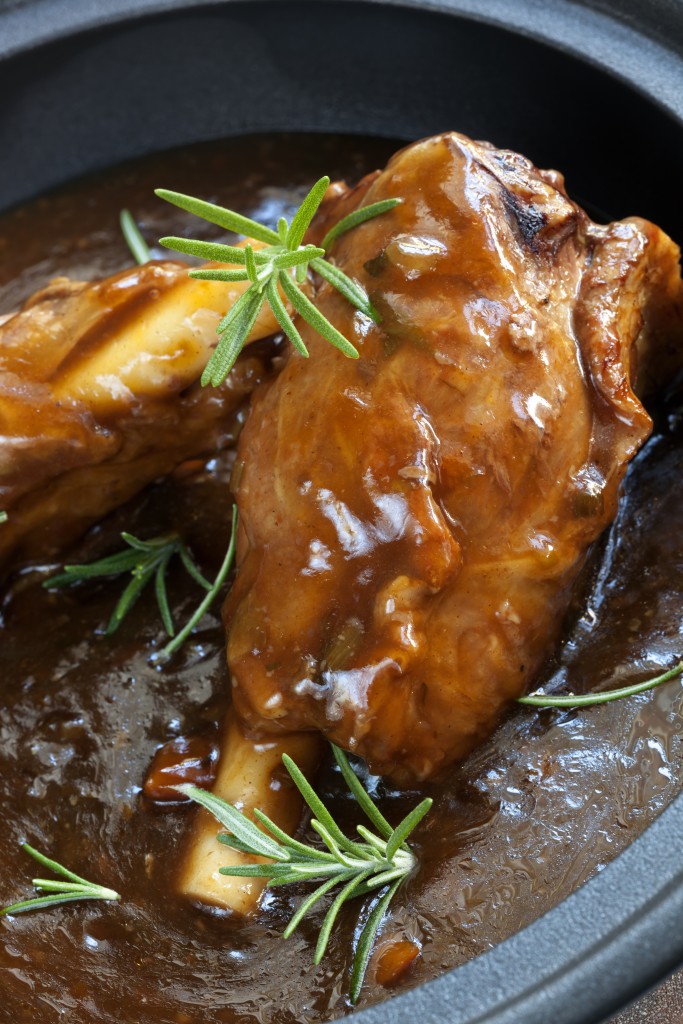 Lamb shanks in gravy, with rosemary.