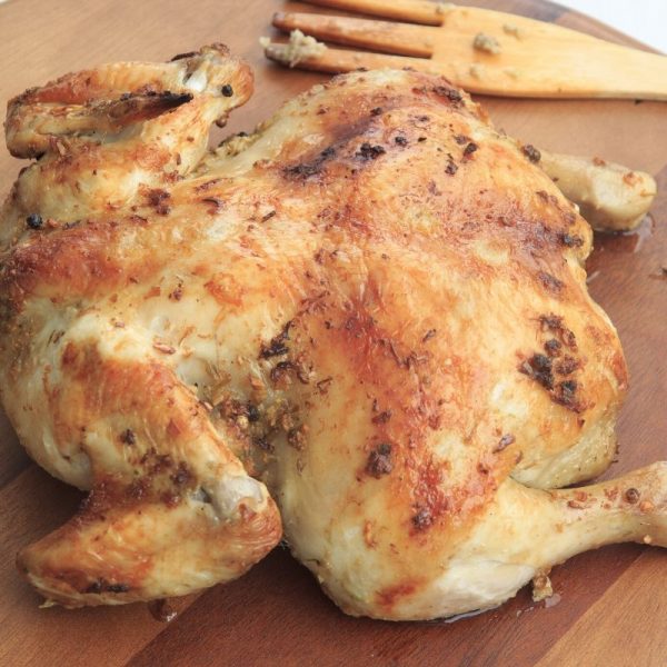 Lavender Roast Chicken Roasted chicken on wooden board