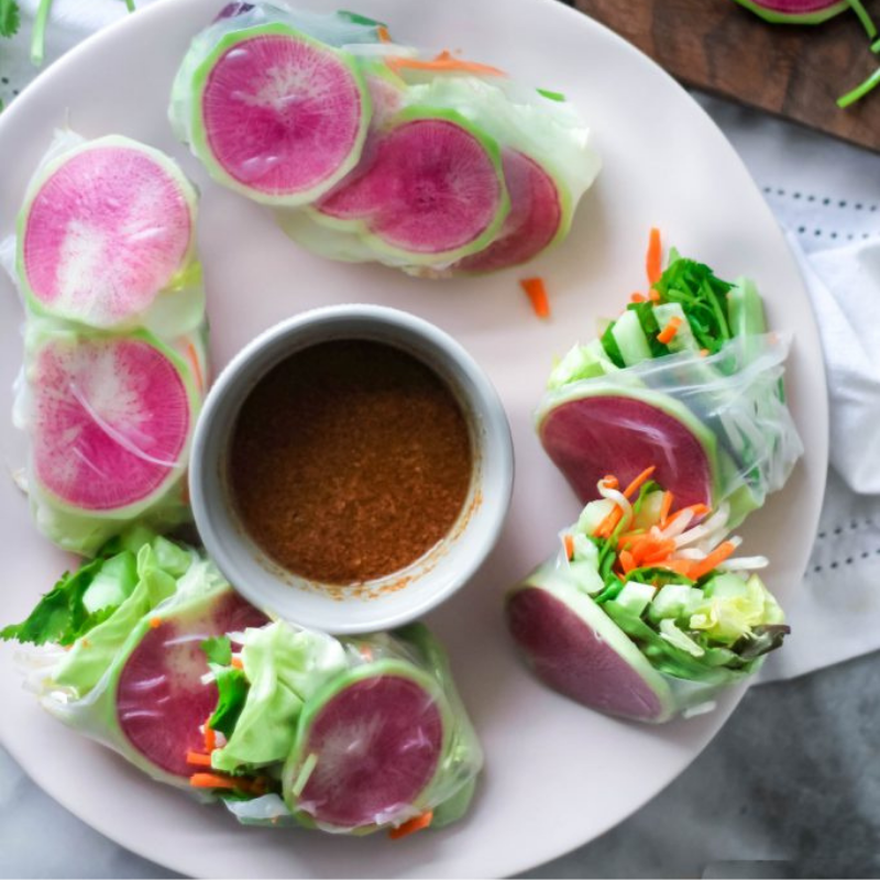 Seasonal Veggie Spring Rolls with Thai Almond Butter Dipping Sauce