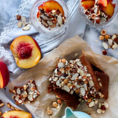 Stone Fruit with Almond Hazelnut Chia Seed Brittle and Vanilla Bean