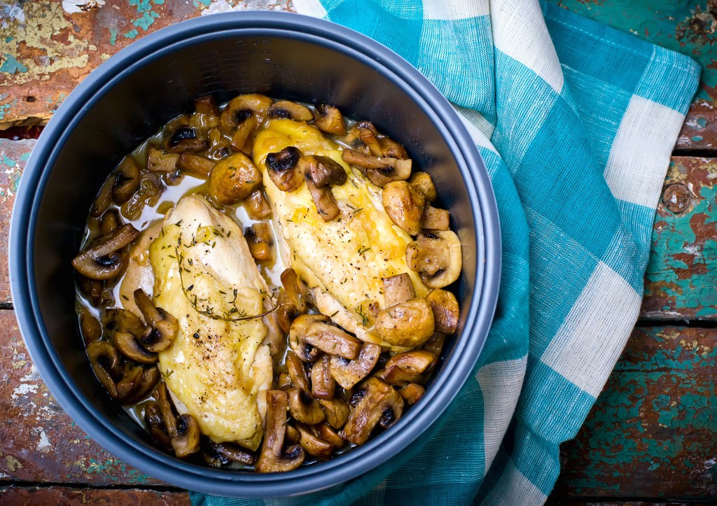 stewed chicken breast with mushrooms in the crock-pot.