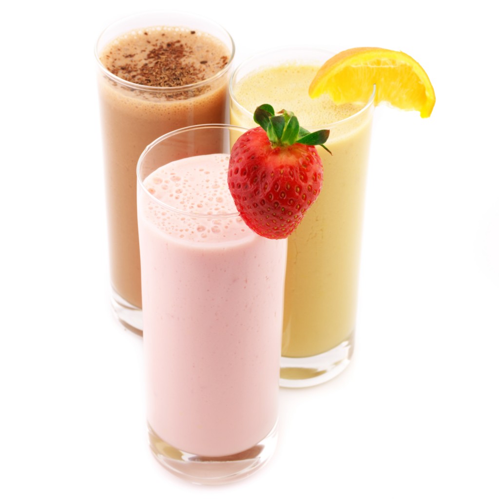 Three assorted protein cocktails isolated on white background.